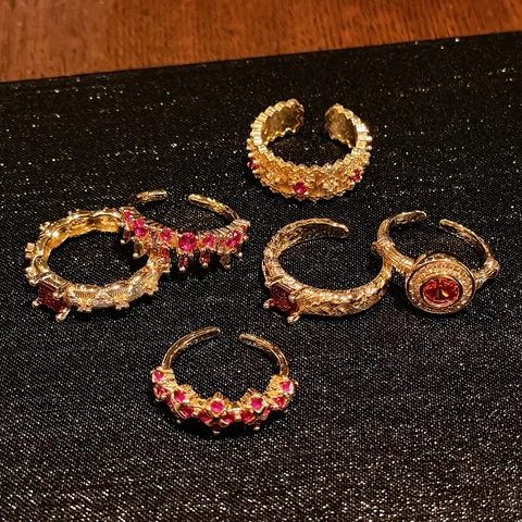 French Vintage Gold Plated Copper Open Rings For Women Cubic Zirconia Red Pink Stone Geometric Adjustable Finger Ring Jewelry Gift