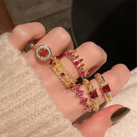 French Vintage Gold Plated Copper Open Rings For Women Cubic Zirconia Red Pink Stone Geometric Adjustable Finger Ring Jewelry Gift