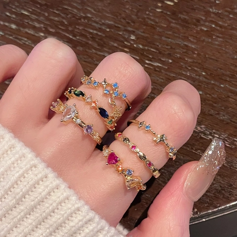 Vintage Copper Open Ring For Women Adjustable Colorful Zircon Heart Star Marquise Gemstone Fashion Minimalist Jewelry Gift