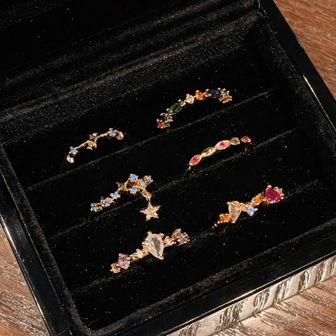 Vintage Copper Open Ring For Women Adjustable Colorful Zircon Heart Star Marquise Gemstone Fashion Minimalist Jewelry Gift