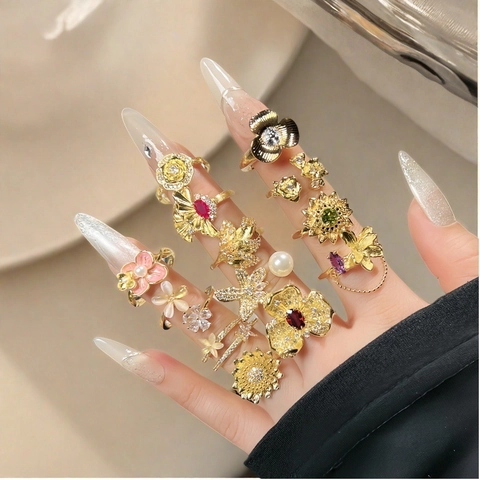Bagues Ouvertes Fleur Vintage Français pour Femmes Cuivre Zircone Tournesol Rose Feuille Bague Réglable Bijoux Cadeau