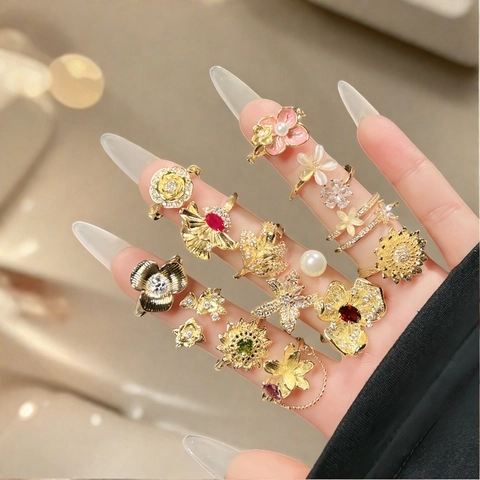 Bagues Ouvertes Fleur Vintage Français pour Femmes Cuivre Zircone Tournesol Rose Feuille Bague Réglable Bijoux Cadeau