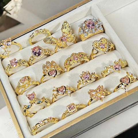 Mode Verstellbarer Kupfer Ring Rosa Herz Zirkonia Krone Schmetterling Schlange Form Damen Süßer Leichter Luxus Fingerring Schmuck