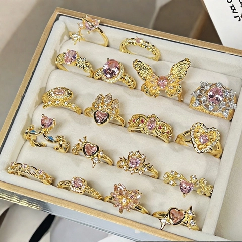 Mode Verstellbarer Kupfer Ring Rosa Herz Zirkonia Krone Schmetterling Schlange Form Damen Süßer Leichter Luxus Fingerring Schmuck