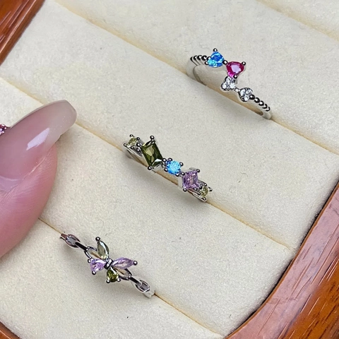 Fashion Copper Colorful Zircon Butterfly Heart Rings For Women Sweet Multi Gem Adjustable Open Finger Ring Jewelry Gift