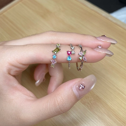 Fashion Copper Colorful Zircon Butterfly Heart Rings For Women Sweet Multi Gem Adjustable Open Finger Ring Jewelry Gift