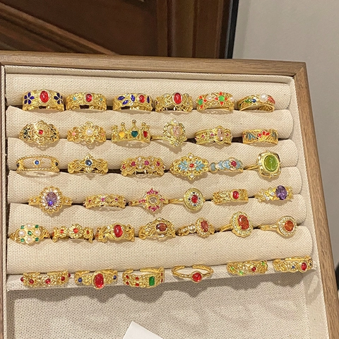 Vintage Emaille Blume Zirkonia Öffnungsring Für Damen Luxus Kupfer Vergoldet Palast Stil Neuer Chinesischer Verstellbarer Ring