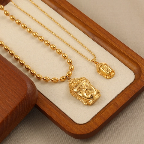 New Chinese Style Titanium Steel Buddha Head Pendant Necklace Gold Plated Matte Religious Fashion Jewelry For Women Daily