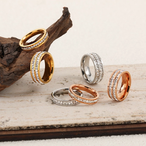 Titanium Steel Zirconia Inlaid Ring Gold Silver Rose Gold Double Single Row Square Zircon Stackable Minimalist Jewelry