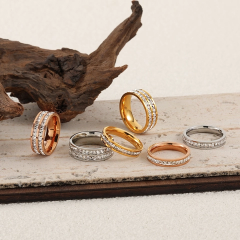 Titanium Steel Zirconia Inlaid Ring Gold Silver Rose Gold Double Single Row Square Zircon Stackable Minimalist Jewelry