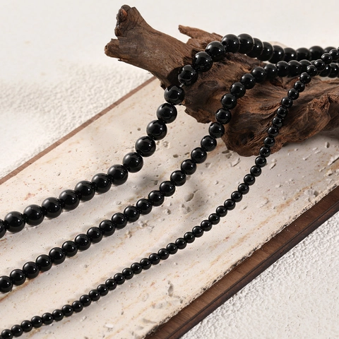 Collier En Perles D'Onyx Noir Pour Femmes En Acier Titane Chaîne De Clavicule À Perles Rondes Réglable Bijoux Minimalistes