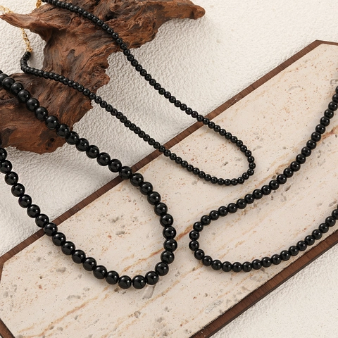 Collier En Perles D'Onyx Noir Pour Femmes En Acier Titane Chaîne De Clavicule À Perles Rondes Réglable Bijoux Minimalistes