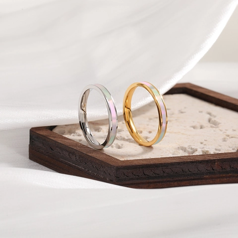 Bague Minimaliste en Acier Inoxydable et Nacre pour Femmes Luxe Plaqué Or Argent Bague Anneau en Acier Titane Bijoux