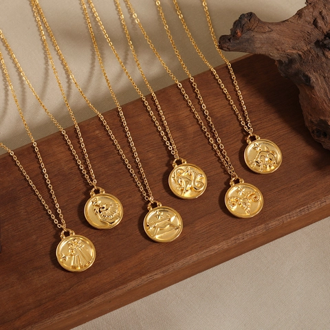 Collier Pendentif Pièce 12 Signes du Zodiaque Plaqué Or Acier au Titane Bijoux d'Astrologie pour Femmes Cadeau