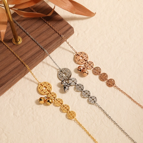 Modern Chinese Style Titanium Steel Anklet Ethnic Hollow Ancient Coin Charms Bells Gold Silver Rose Gold Plated Women Jewelry