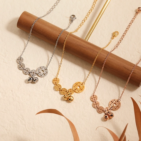 Modern Chinese Style Titanium Steel Anklet Ethnic Hollow Ancient Coin Charms Bells Gold Silver Rose Gold Plated Women Jewelry