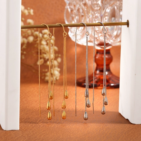 Titanium Steel Long Tassel Water Drop Ear Thread Earrings Fashion Korean Style Chain Dangle Jewelry For Women Gold Silver