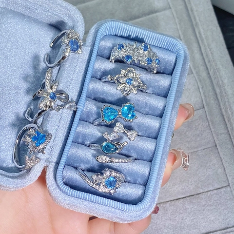 Eleganter Blau Zirkon Offener Ring Für Damen Verstellbarer Schleife Herz Schneeflocke Blume Kupfer Fingerring Schmuck Geschenk