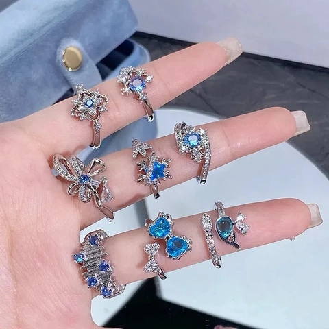 Eleganter Blau Zirkon Offener Ring Für Damen Verstellbarer Schleife Herz Schneeflocke Blume Kupfer Fingerring Schmuck Geschenk