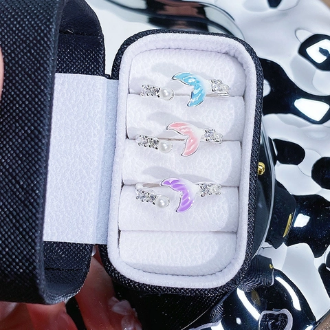 Koreanischer Stil Meerjungfrauenschwanz Offener Ring Kupfer Emaille Tropfen Zirkonia Künstliche Perle Verstellbarer Fingerring Süßer Nischen-Schmuck