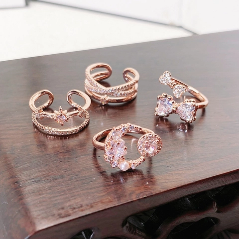 Roségold Vergoldeter Kupfer Zirkonia Offener Ring Für Damen Verstellbar Mehrschichtig Blume Schmetterling Stern Mond Schmuck Geschenk