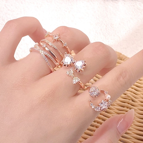 Roségold Vergoldeter Kupfer Zirkonia Offener Ring Für Damen Verstellbar Mehrschichtig Blume Schmetterling Stern Mond Schmuck Geschenk