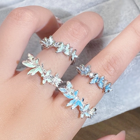 Frischer Minzgrün Emaille Schmetterling Offener Ring Kupfer Eingelegt Zirkonia Blume Verstellbarer Ring Für Damen Schmuck Geschenk