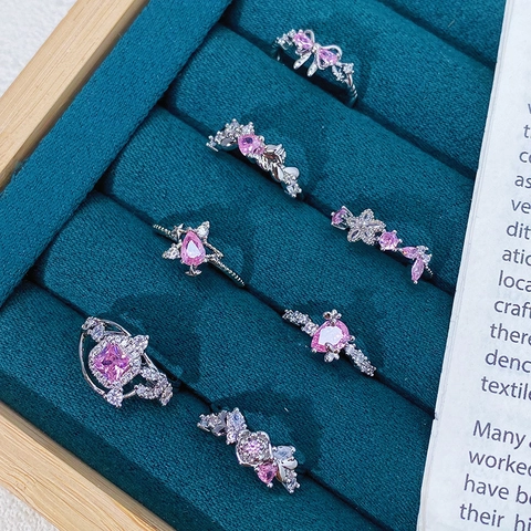 Eleganter Kupfer Zirkonia Offener Ring Rosa Grüner Edelstein Blumen Schmetterling Herz Verstellbarer Fingerring Damen Schmuck