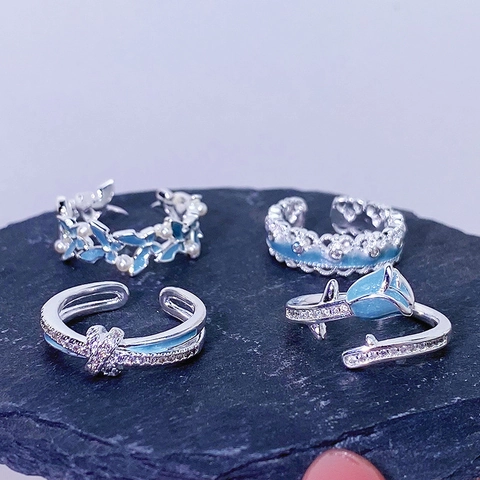 Nouveau Style Chinois Émail Bleu Mer Fleur Papillon Bague Ouverte en Cuivre Élégant Luxe Léger Zirconium Bague Réglable pour Femme