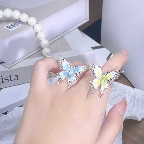 Bague Ouverte Papillon Émail Frais Pour Femmes Cuivre Plaqué Argent Métal Liquide Y2K Bijoux Empilables Cadeau
