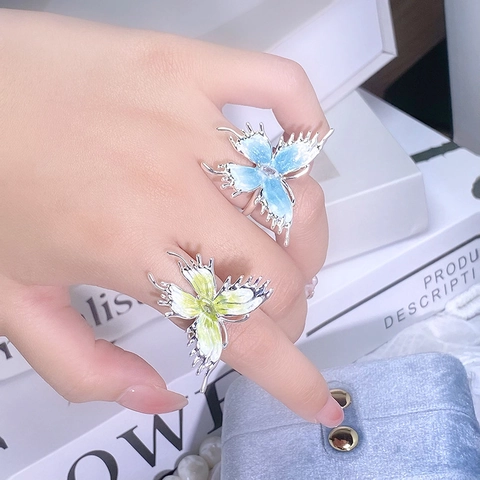 Bague Ouverte Papillon Émail Frais Pour Femmes Cuivre Plaqué Argent Métal Liquide Y2K Bijoux Empilables Cadeau