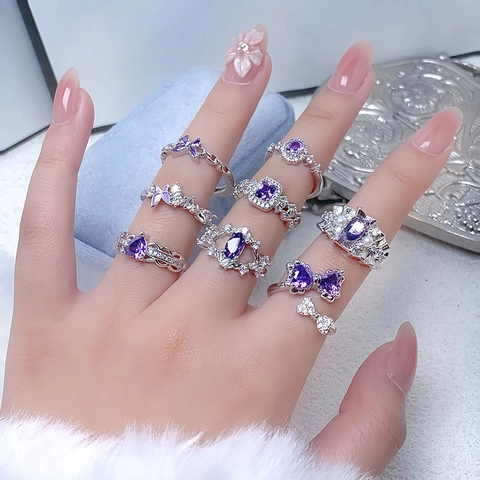 Leichter Luxus Kupfer Lila Zirkonia Offener Verstellbarer Ring Für Damen High-End Eleganter Schmetterling Herz Floral Fingerschmuck Geschenk