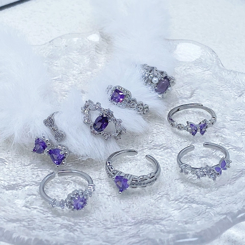 Leichter Luxus Kupfer Lila Zirkonia Offener Verstellbarer Ring Für Damen High-End Eleganter Schmetterling Herz Floral Fingerschmuck Geschenk