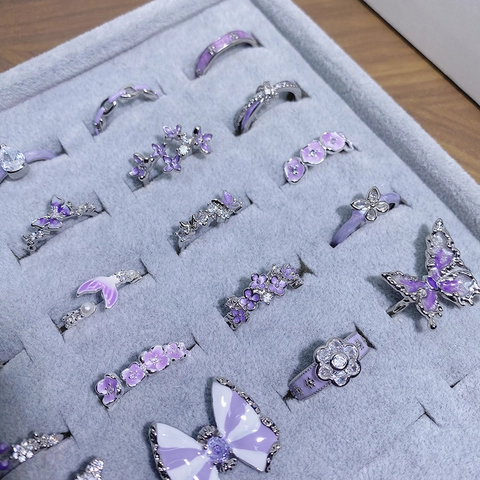 Lila Emaille Schmetterling Blume Offener Ring Für Damen Verstellbar Kupfer Zirkonia Blatt Knoten Fingerring Vintage Schmuck Geschenk