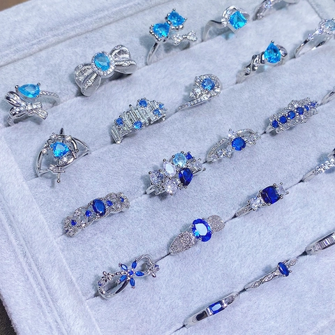 Korean Fashion Copper Sea Blue Zircon Open Ring For Women Geometric Light Luxury Adjustable Finger Ring Jewelry