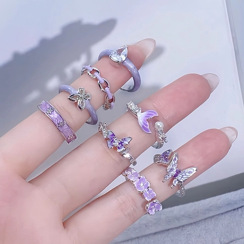 Lila Emaille Schmetterling Blume Offener Ring Für Damen Verstellbar Kupfer Zirkonia Blatt Knoten Fingerring Vintage Schmuck Geschenk
