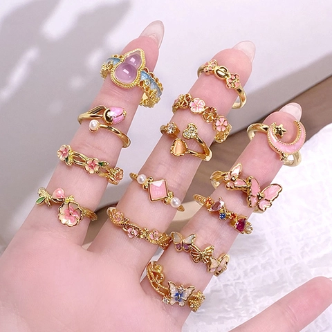 Vintage Kupfer Offener Ring Für Damen Emaille Zirkonia Eingelegt Blume Schmetterling Verstellbarer Fingerring Schmuck Geschenk