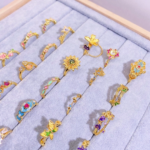 Vintage Kupfer Offener Ring Für Damen Emaille Zirkonia Eingelegt Blume Schmetterling Verstellbarer Fingerring Schmuck Geschenk