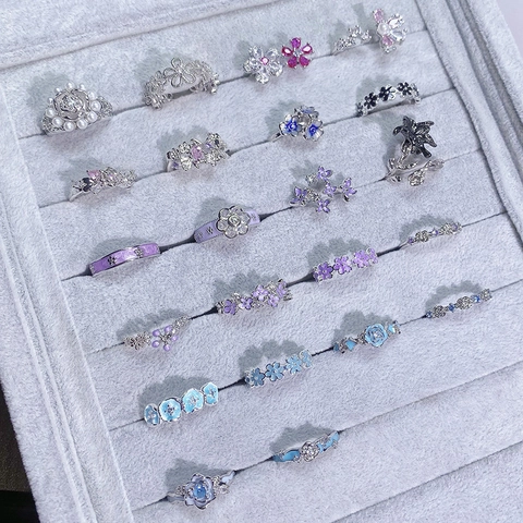 Anillos Abiertos Ajustables de Cobre con Forma de Flor para Mujer Bañado en Plata Esmalte Circón Perla Artificial Joyas