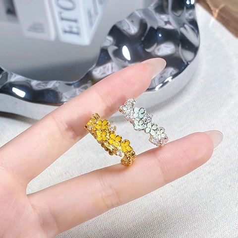 Frisse Muntgroen Email Bloem Open Verstelbare Ring Koper Zirconia Ingelegd Licht Luxe Bloemen Vingerring Voor Vrouwen