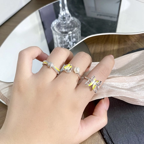 Elegant Butterfly Open Ring For Women Copper Zircon Adjustable Fashion Jewelry Unique Enamel Heart Flower Finger Ring Gift