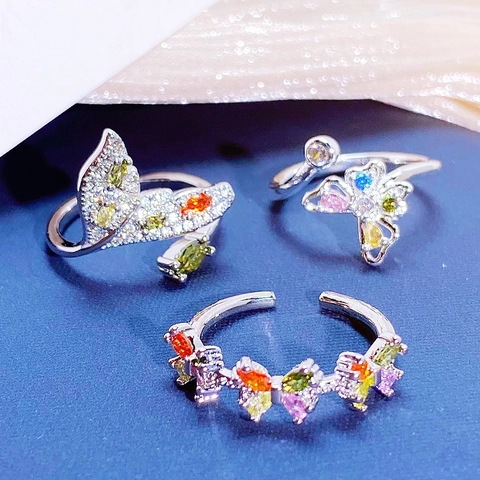 Cubic Zirconia Butterfly Fishtail Open Ring Adjustable Copper Multi-color Gemstone Ring Jewelry For Women Light Luxury