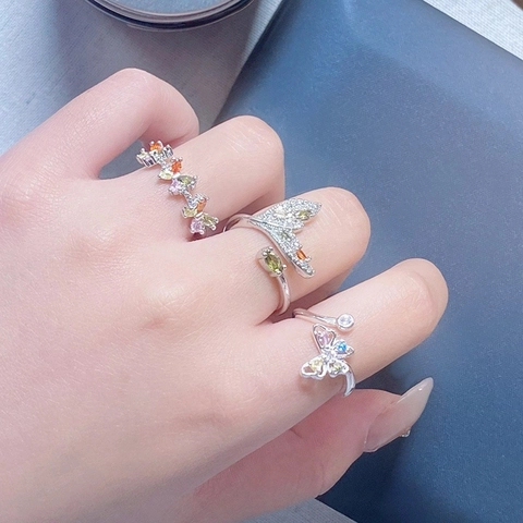 Cubic Zirconia Butterfly Fishtail Open Ring Adjustable Copper Multi-color Gemstone Ring Jewelry For Women Light Luxury