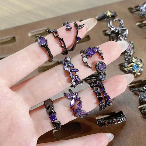 Gothic Retro Schwarz Kupfer Spinne Krähe Schmetterling Verstellbarer Ring Für Damen Punk Dunkler Schmuck Halloween Party Geschenk