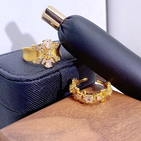 Vintage Goud Geborsteld Zirkoon Bloem Vlinder Open Ring Voor Vrouwen Barok Luxe Verstelbare Vingerring Oormanchet Sieraden Cadeau