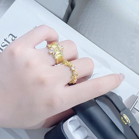 Vintage Goud Geborsteld Zirkoon Bloem Vlinder Open Ring Voor Vrouwen Barok Luxe Verstelbare Vingerring Oormanchet Sieraden Cadeau