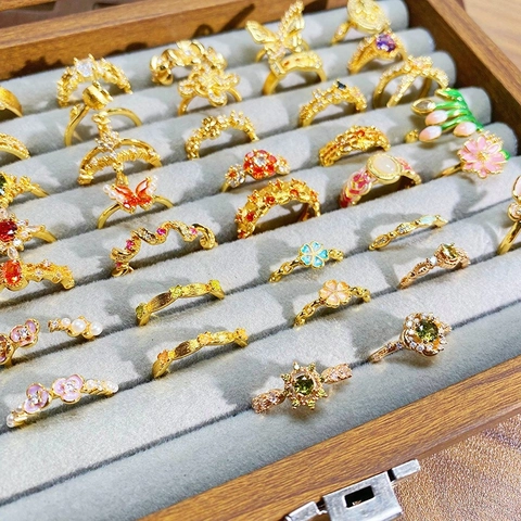 Vintage Französisches Emaille Zirkon Offener Ring Für Damen Eleganter Vergoldeter Kupfer Blumen Schmetterling Verstellbarer Ring Schmuck