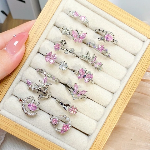 Süßer Rosa Zirkonia Schmetterling Stern Blume Offener Ring Für Damen Versilbertes Kupfer Verstellbarer Fingerring Schmuck