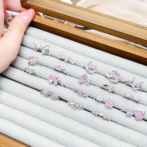 Süßer Rosa Zirkonia Schmetterling Stern Blume Offener Ring Für Damen Versilbertes Kupfer Verstellbarer Fingerring Schmuck