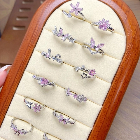 Bague Ouverte Douce en Zircon Rose Papillon Cœur Fleur pour Femme Réglable en Cuivre Plaqué Argent Style Fée Bijoux de Main Polyvalents